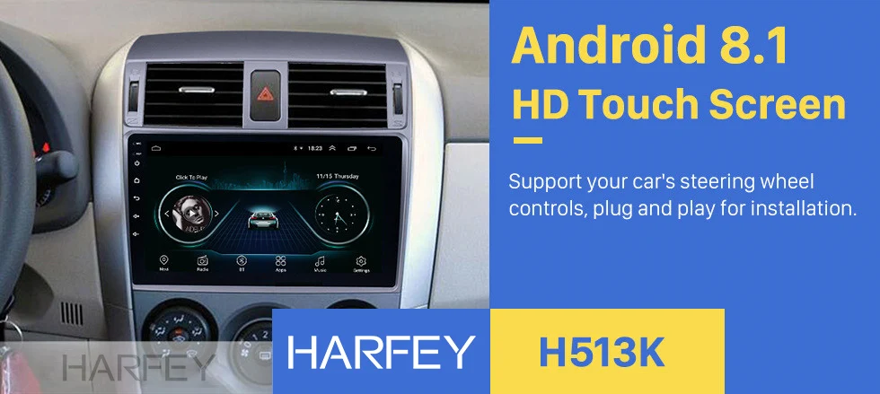 Harfey Автомагнитола 2din Android 8,1 9 дюймов WI-FI Bluetooth 4-х ядерный мультимедийный плеер для 2007-2010 Toyota Corolla Старый головное устройство