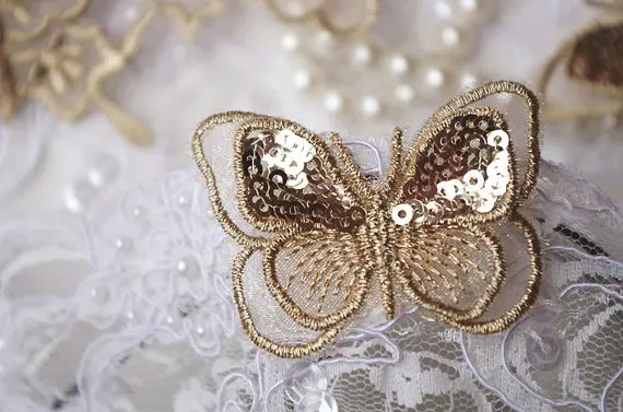 

50 pcs gold butterfly lace applique with sequins, 3D golden butterfly applique