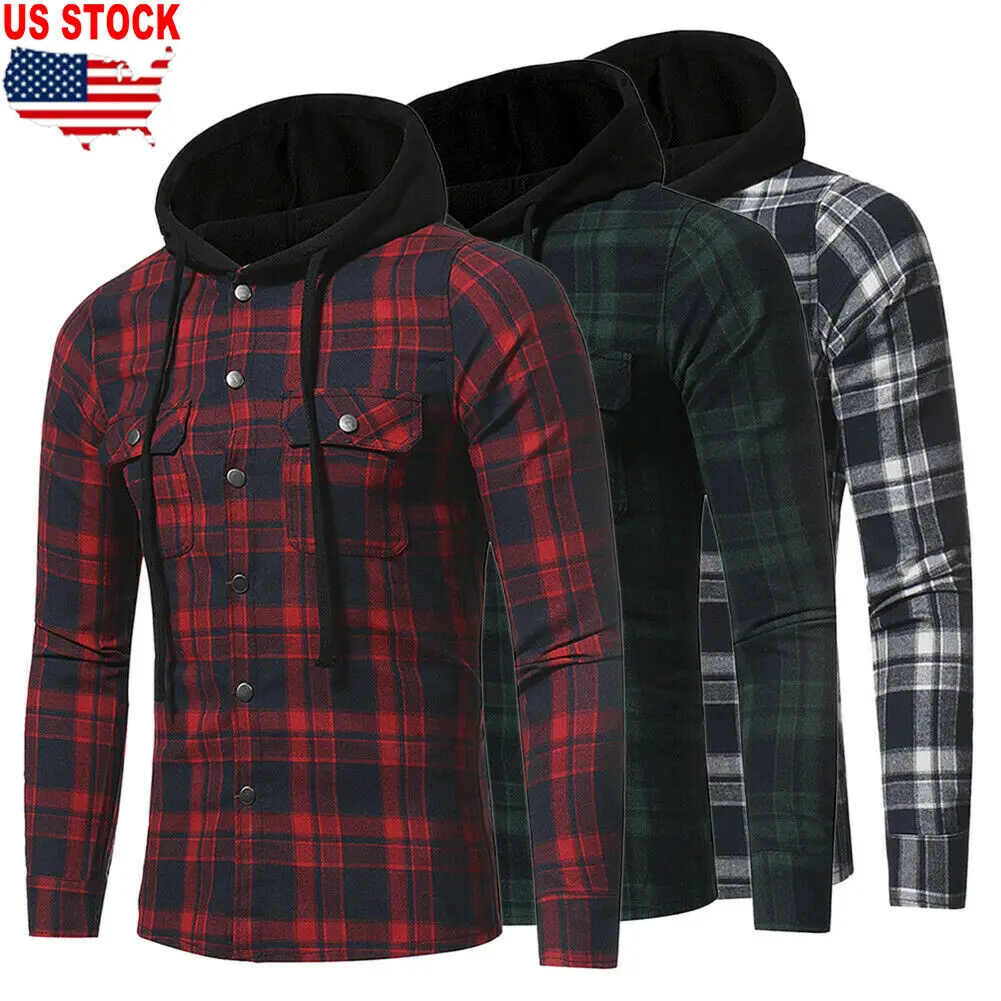 Brand New Style Plus Size Men Casual Long Sleeve Plaid Hooded Checked Pullover Shirt Tops Blouse
