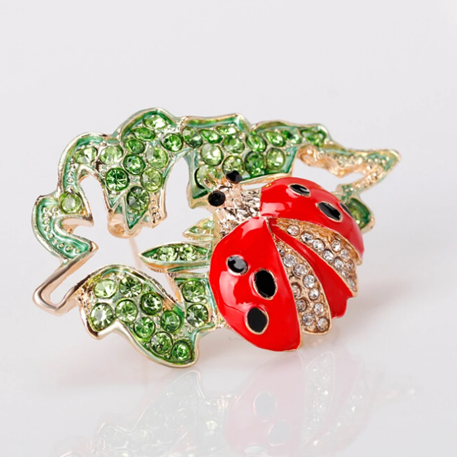 Кристалл Божья коровка Броши для Для женщин Красный Beatles зеленый лист брошь