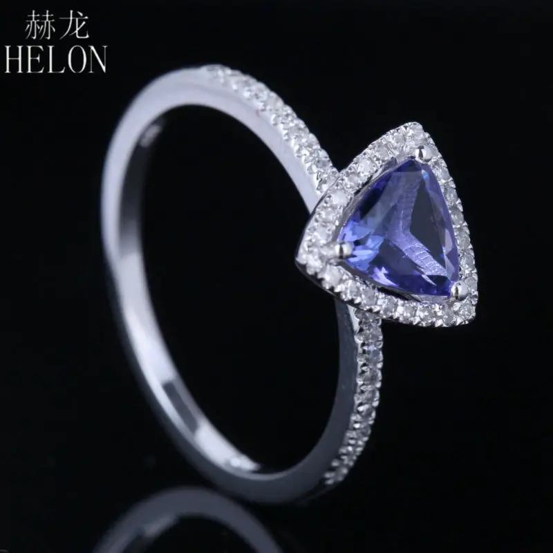 HELON обручальное женское кольцо 6x6 мм Триллион Форма 0.7ct танзанит и проложить 0.2ct натуральные бриллианты Твердые 14 к белое золото