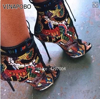 Хит продаж 2018 женские ботинки на высоком каблуке с открытым носком и кристаллами