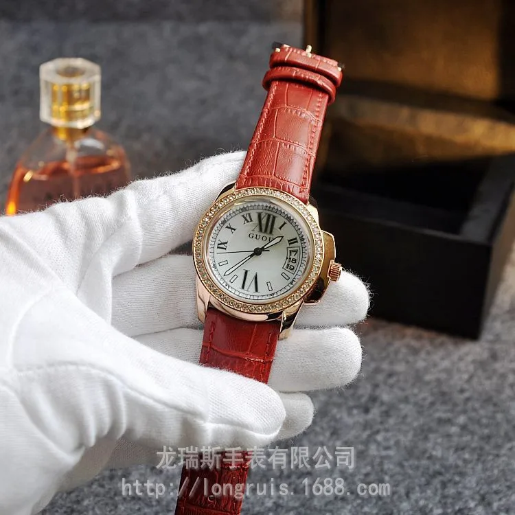 Модные брендовые женские Часы Guou со стразами ремешком и календарем прочные