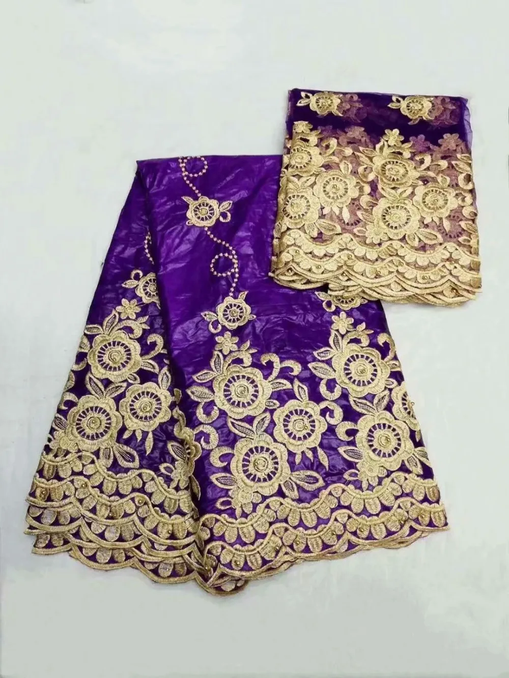 TK004 (5+2yards/set) Purple and gold 2018 wholesales African bazin lace fbaric with excellent embroidery for party dress | Дом и сад