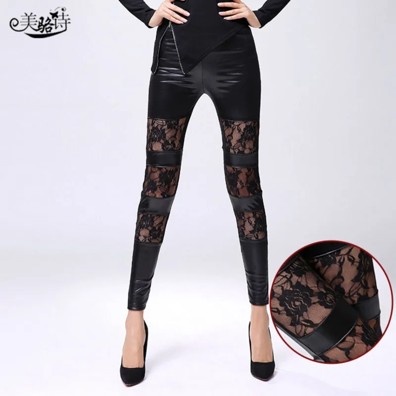 Faux Leather Women Leggings High Quality Slim Lace Elasticity Sexy Pants Leggins Boots Jeggings Rose101 | Женская одежда