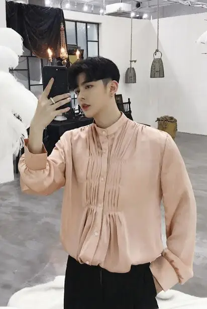 

Autumn Palace Wind British retro pleated loose long-sleeved shirt men's stand collar shirt night men's clothing