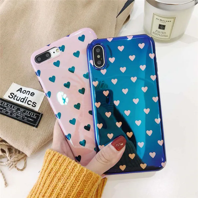 Newly Blue Light Ray Case Cute Navy Pink Love Hearts Pattern Phone Full Covers For iPhone X 6 6s Plus 7 8 Fundas Coque Capa |