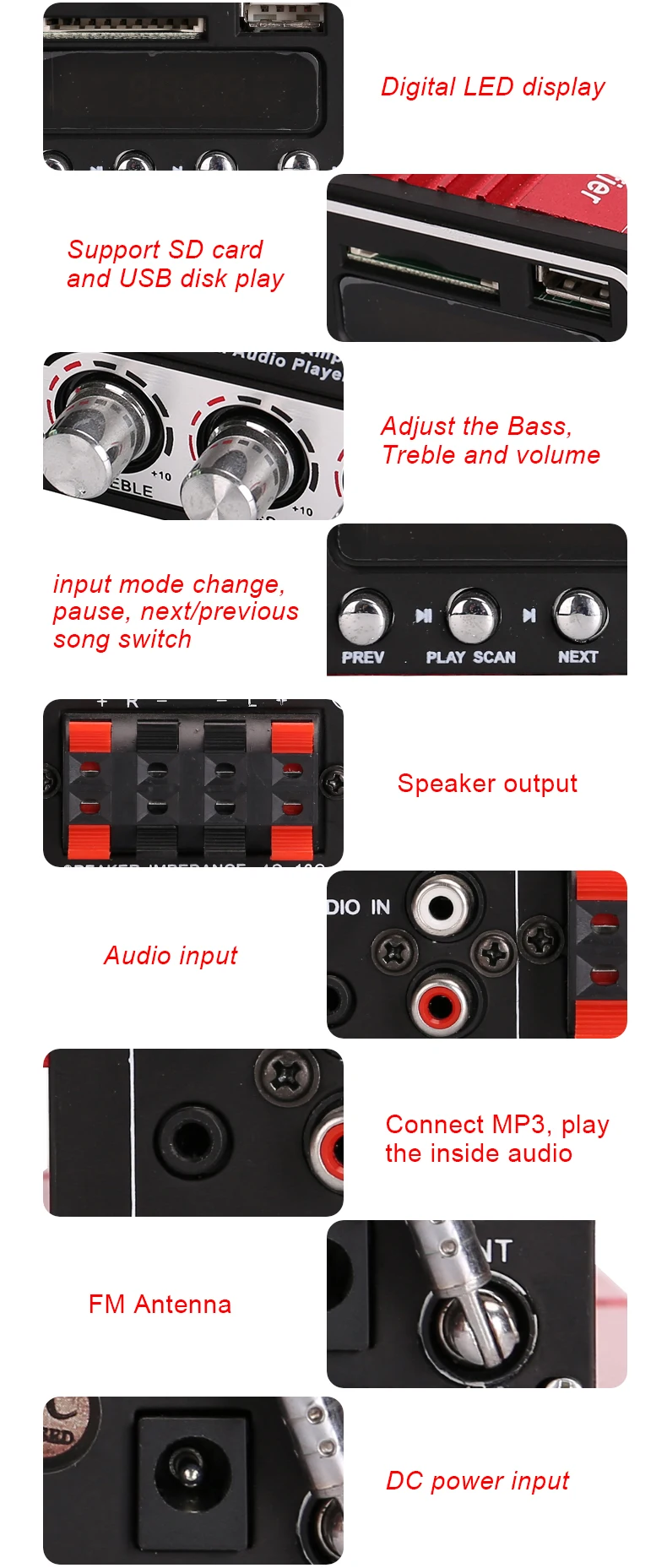 Kinter MA-500 аудио усилитель 4.0CH 30 Вт tda 7377 USB SD FM радио mp3 вход воспроизведение стерео звук высокие частоты управление басами в домашнем автомобиле