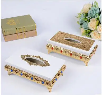 

European luxurious hollow wood tissue box with Imitation diamond inlay metal napkin holdertissue box cover caixa madeira ZJH039