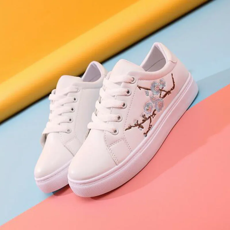 White Shoes Taking Snapshots Flats Summer Peach Blossom Printed Embroidery Casual Women Students Slip-on | Обувь