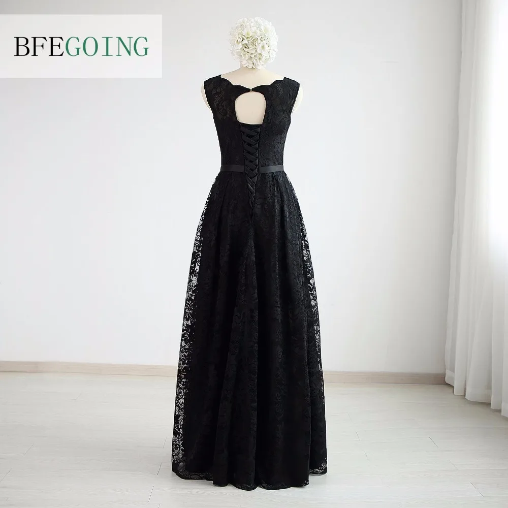 Черное Кружевное официальное вечернее платье трапеция до пола без рукавов на