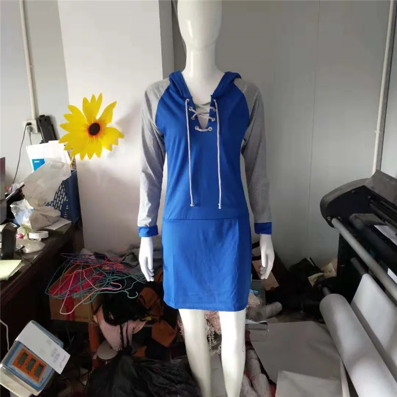 

VISNXGI Fashion Hooded Drawstring Dresses Women Autumn Warm Dress Splice Sweatshirt Cross Straps Bandage Dress Knitted Vestidos