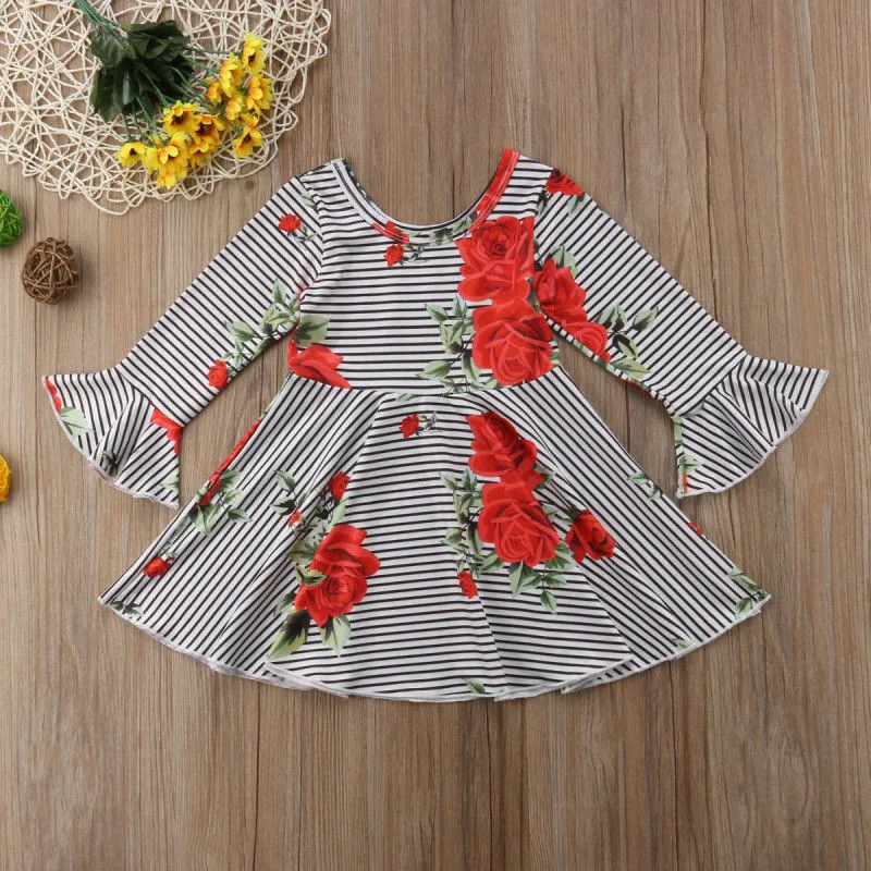 PUDCOCO Toddler Kid Baby Girl Horn Flare Long Sleeve Floral Striped Princess Party Pageant Dress Cute Girls Autumn Dresses 1-6T | Детская