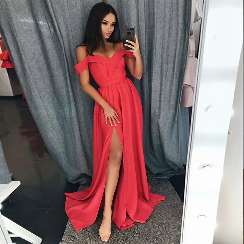 Coral red Изящные красные атласные длинные платья с открытыми плечами на бретельках, длинные платья с разрезом по бокам, светильник небесно-голубого и красного цвета, женское платье для вечеринок - Цвет: Coral red