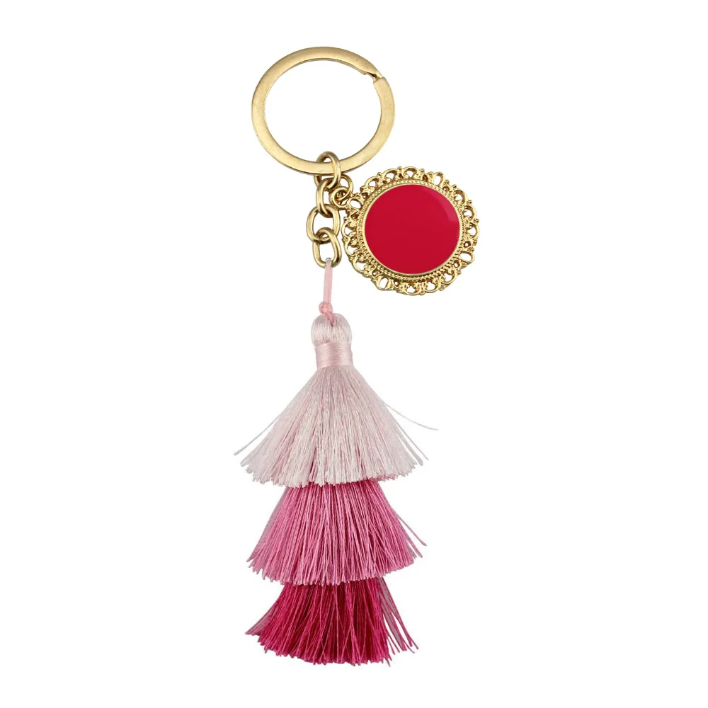 Gold Hot Pink Индивидуальный стиль бохо уникальный 3 слоя брелок для ключей с кисточкой монограмма эмаль диск начальный пустой только небольшой от производителя - Цвет: Gold Hot Pink