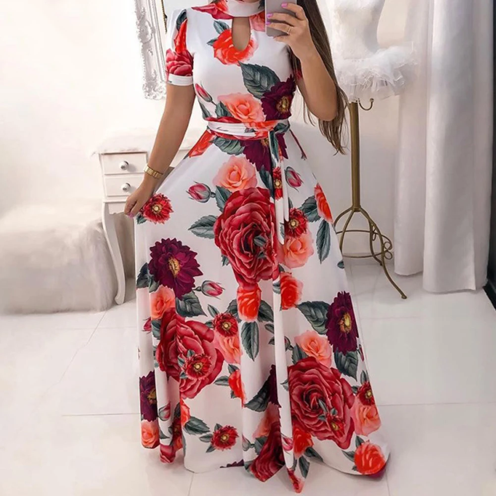Женское летнее вечернее цветочное длинное платье с принтом Boho коротким рукавом