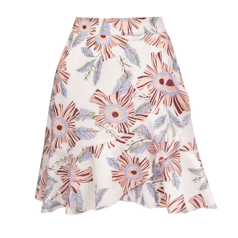 Women Floral Printing A-Line Skirts Summer Clothes High Waist Chiffon Fluffy Mini Skirt Female Harajuku Plus Size Boho Okq311 | Женская