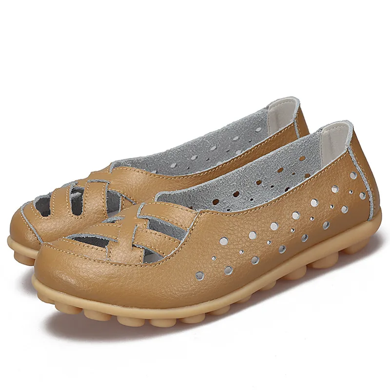 khaki MEMUNIA/обувь на плоской подошве; женские кожаные туфли с закрытым носком; повседневные женские лоферы на плоской подошве; удобные женские водонепроницаемые Мокасины с отверстиями; большие размеры - Цвет: khaki
