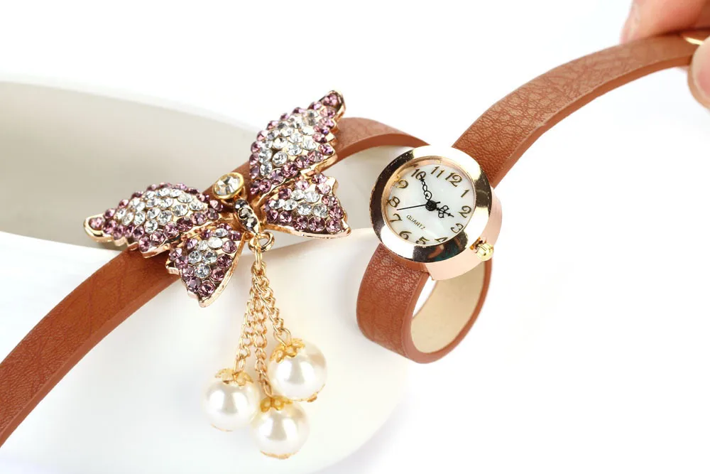 Повседневные женские часы с жемчугом и стразами браслет бабочка Кварцевая