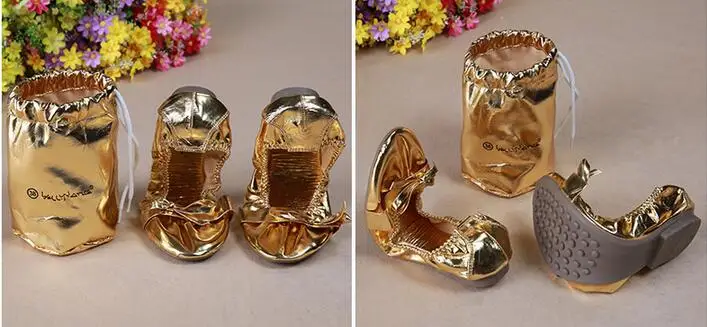 Блестящие женские туфли для занятий танцами живота; Кожаные балетки золотистого и серебристого цвета; Подарочная сумка на резиновой подошве; ; американские размеры 3,5