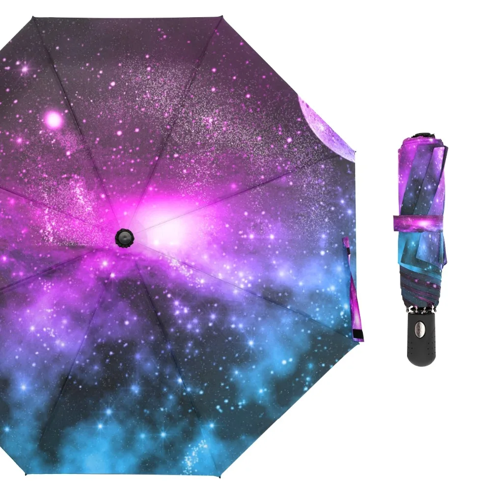 Susino Purple Starry Sky Windproof Umbrellas Fully-automatic Open Metal Pongee Compact Auto Close Three-folding Umbrella | Дом и сад