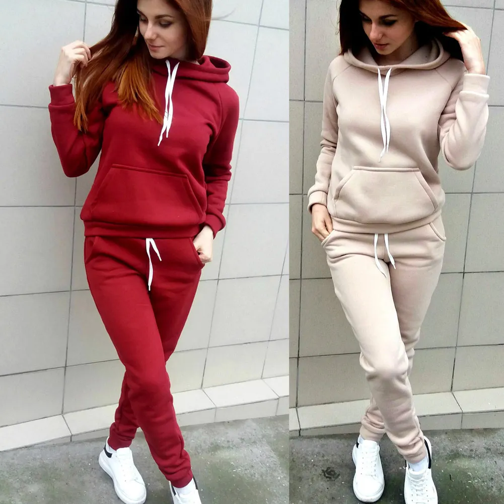 Autumn Winter Women 2 Piece Set Thick Long Sleeve Drawstring Solid Color Sportswear Ladies Girls Casual Tops+ Pants NFE99