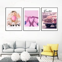 unframed landscape car pink oil painting canvas modern poster space wall art home decor painting for girl room