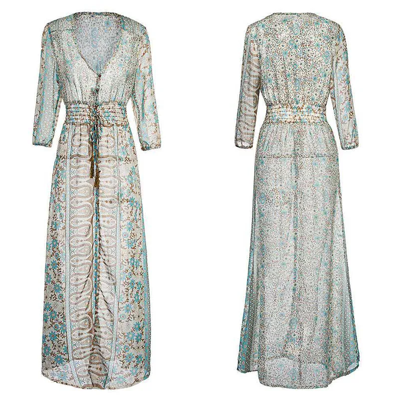 Chiffon Deep V-Neck Long Sleeve Print Patchwork Dress Elastic Waist Tassel Belt Spring Fall Boho Bohemian | Женская одежда