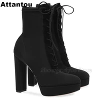 fashion round toe thick platform black lace up women winter boots block high heels
