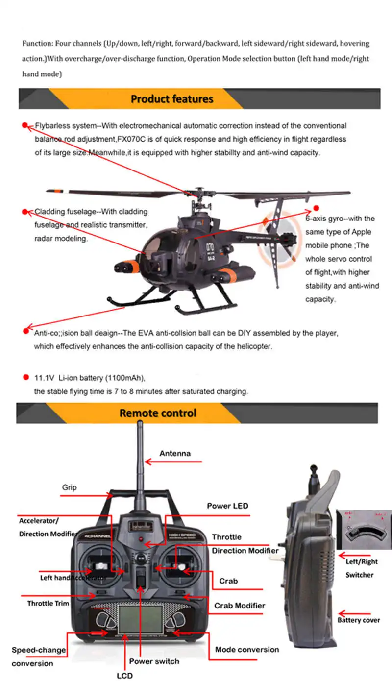 FX070C 2,4G 4CH 6-Axis Gyro Flybarless MD500 Масштаб RC вертолет