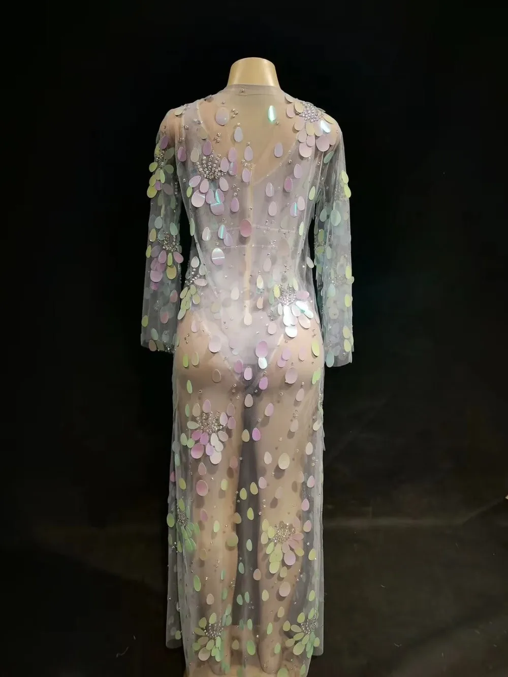 Sparkly Multicolor Sequins Mesh Bodysuit Long Jacket See Through Clothes Set Women's Dance Show Wear Birthday Celebrate Outfit