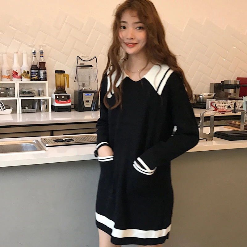 

Spring Women's Dress Korean Fashion Ladies Tops Loose Navy Style Striped Long Sleeve Knit Dress