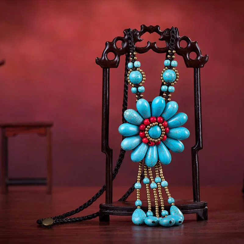 Blue as photo Новая мода богемное пляжное Длинное Ожерелье Bijoux старинный зеленый камень цветок ожерелье s для женщин модное ювелирное изделие - Окраска металла: Blue as photo