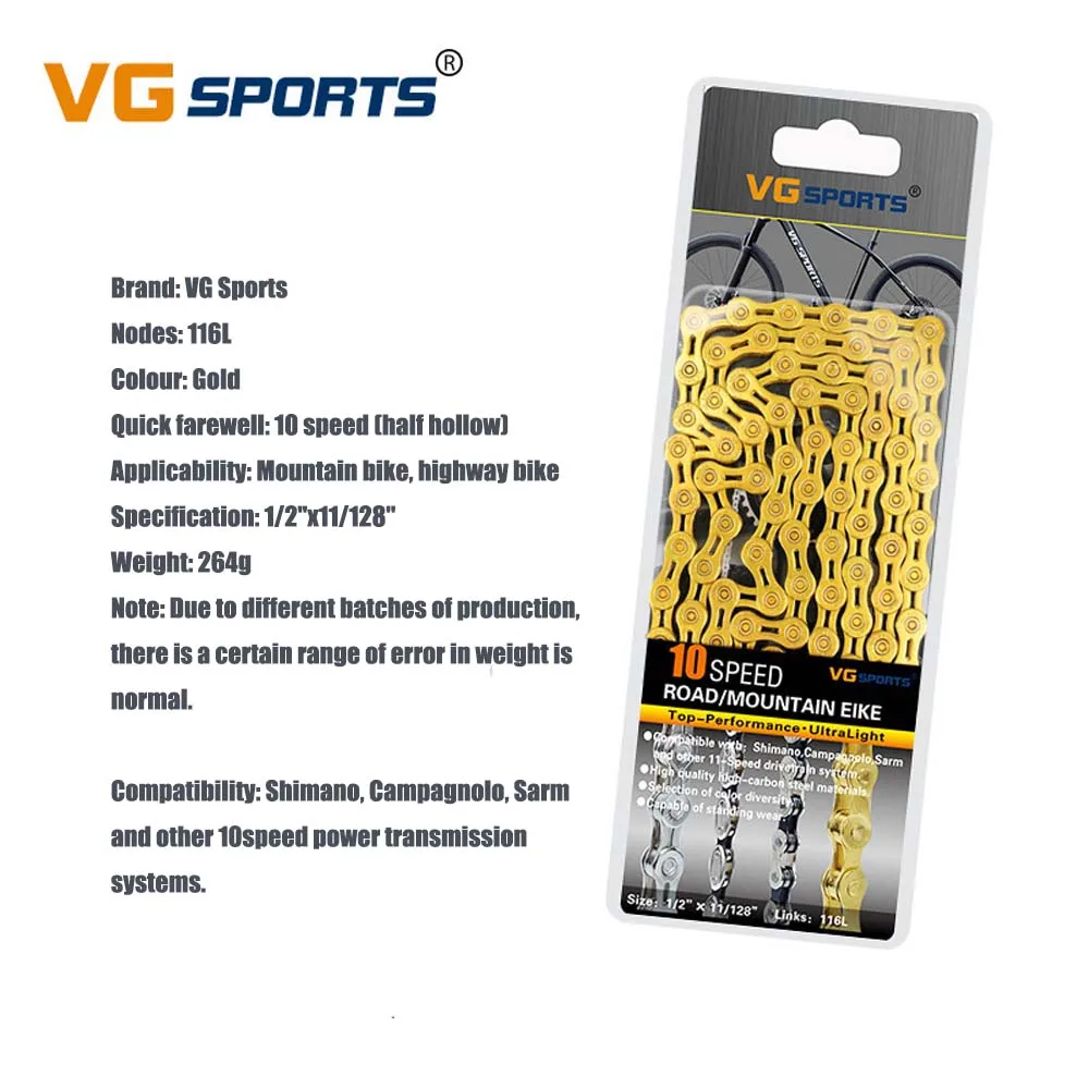 10S Half-Hollow Gold MTB Bicycle Chain 8 9 10 11 Speed Road Bike Full Hollow Chain Mountain Bike Half Hollow Chain Golden Silver Colour VG Sports - Цвет: 10S Half-Hollow Gold
