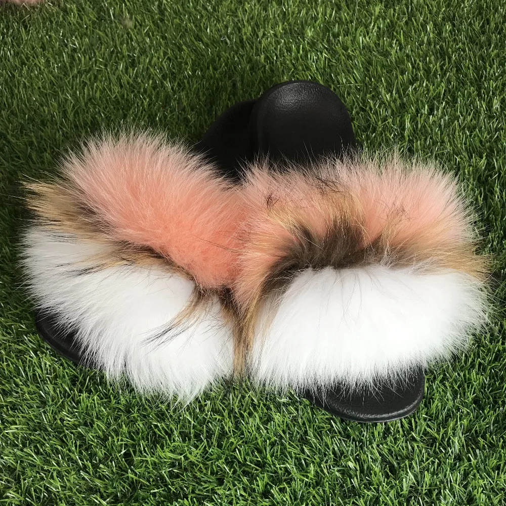FunFur/100% натуральный Лисий мех енота шлепанцы Цвет персиковый белый домашние
