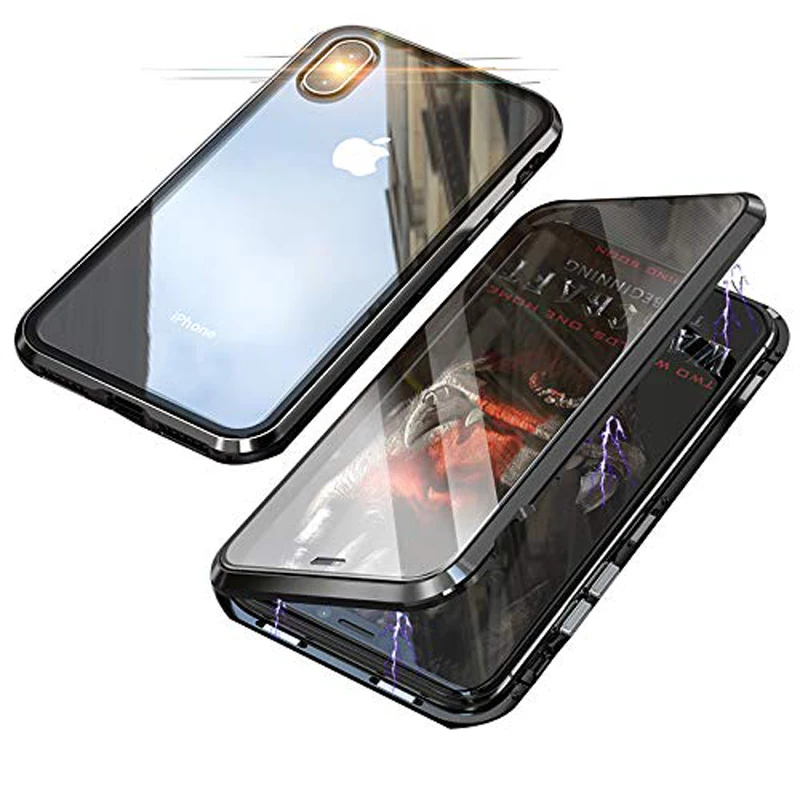 Двухсторонняя, для стекла Магнитный чехол для iPhone XS Max XR X 7 8 плюс Роскошный Металлический 360 градусов Полная защита чехол iPhone X S R - Цвет: Transparent Black