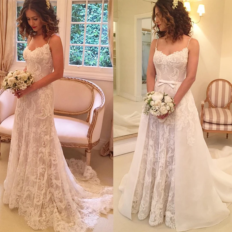 Elegant Lace Wedding Gowns Sexy Spaghetti-Straps Bridal V-neck A-Line Long Dresses Custom Made Plus Size | Женская одежда