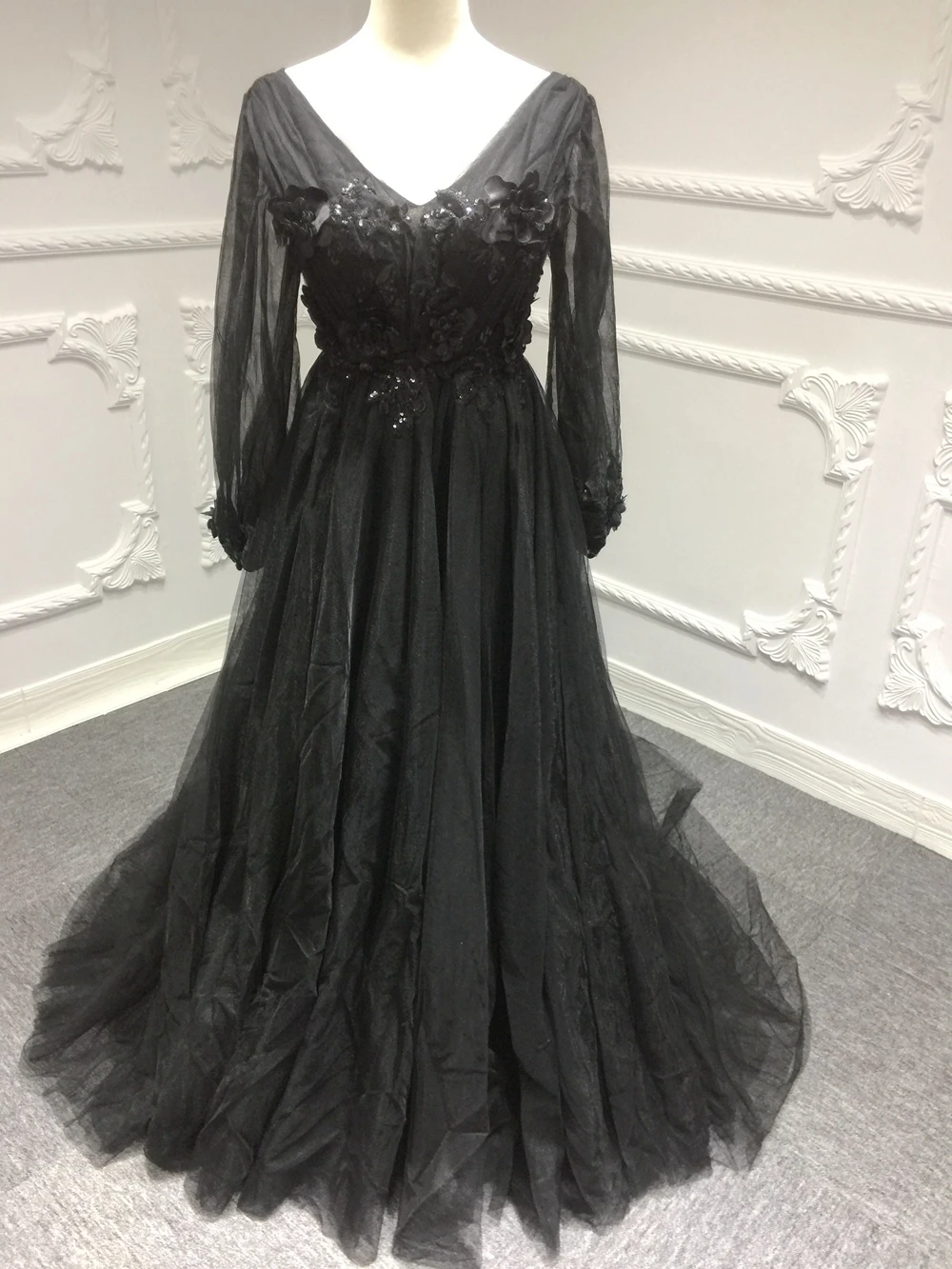 SSYFashion/Новинка; милое фиолетовое и розовое кружевное платье с цветочным узором для выпускного вечера; вечерние платья с длинным рукавом и v-образным вырезом; вечернее платье на заказ - Цвет: Черный