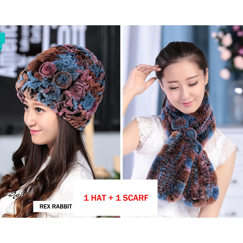 Женский вязаный шарф из натурального меха кролика Рекс и шапка 2 предмета| |