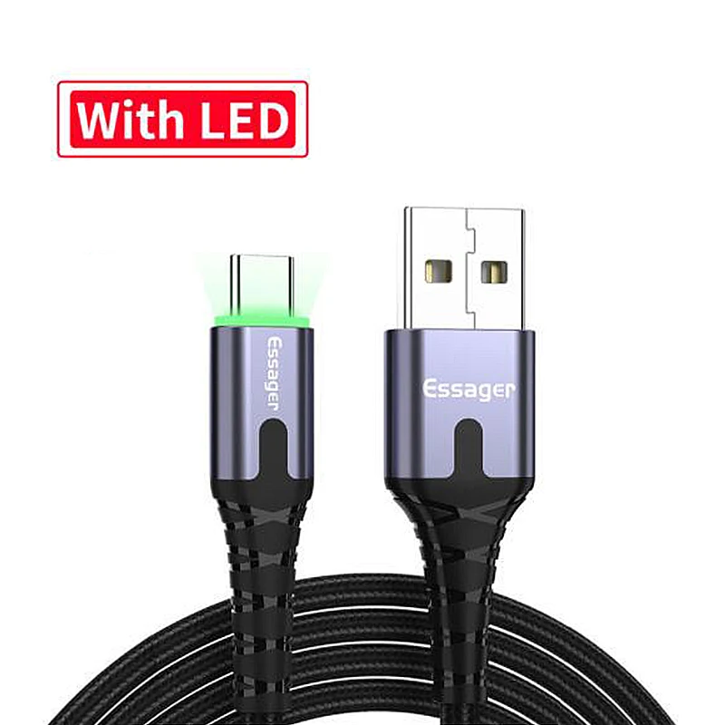With LED Горячая Essager светодиодный Тип usb C быстрый заряд кабеля провод шнур 0,5/1/2 M кабель usbc для Xiaomi samsung Oneplus 7 Pro чехол для телефона USB-C Зарядное устройство - Цвет: With LED