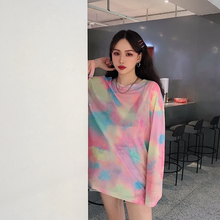 Модная свободная футболка с длинным рукавом и принтом Tie Dye, женская футболка в Корейском стиле на лето, весну и осень, футболка в стиле Харадзюку, графическая футболка в стиле хиппи