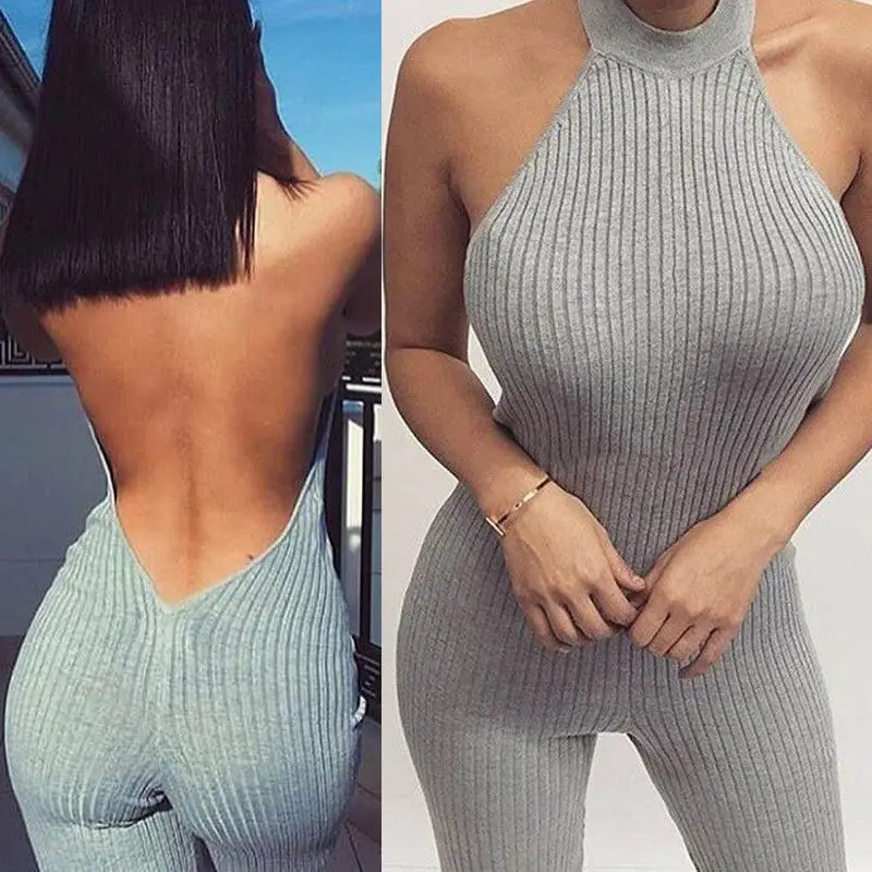 Женский комбинезон без рукавов однотонный Облегающий с лямкой на шее и открытой