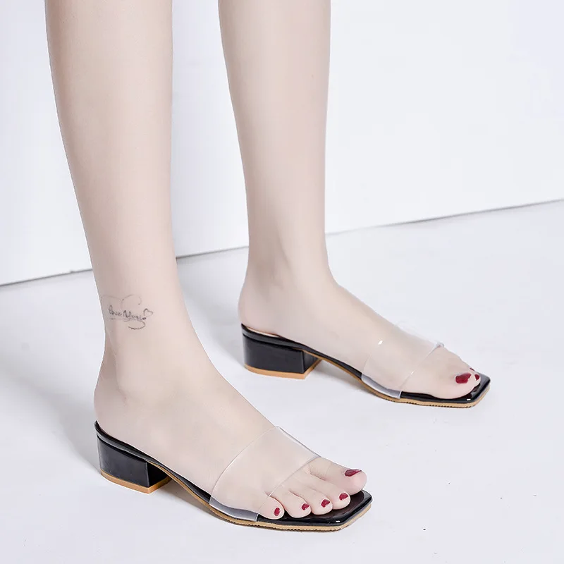 Women Slippers Summer PVC Transparent Jelly Color Square Heel Slides Flip Flops Vacation Casual Ladies Fashion Slip on Flat