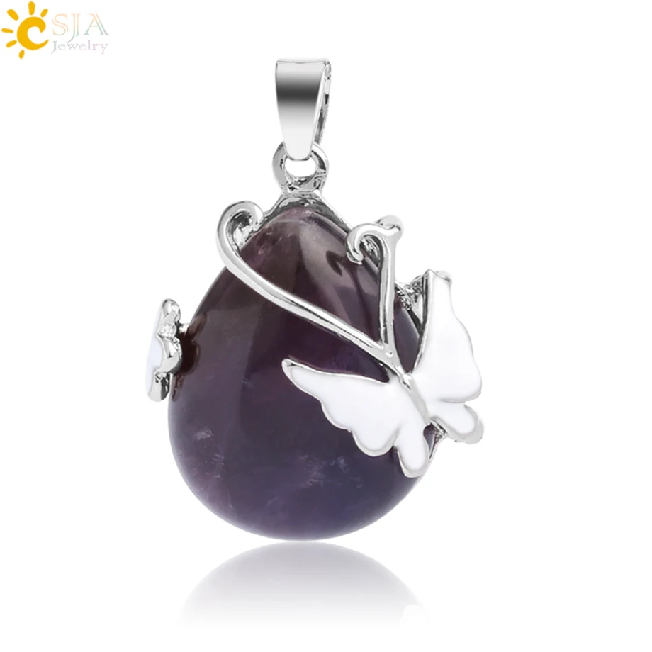Amethyst CSJA капли воды натуральный камень кулон розовый кварц фиолетовый кристалл тигровый глаз бабочка цветок Подвески ожерелье для женщин мужчин G082 - Окраска металла: Amethyst
