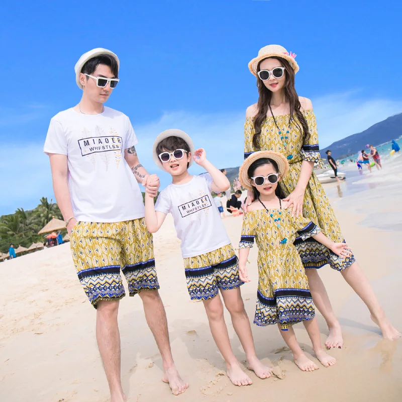 

2018 Mother Daughter Chiffon Dresses Flower Family Matching Clothes Father Son Matching Clothes Family Look Beach Wear
