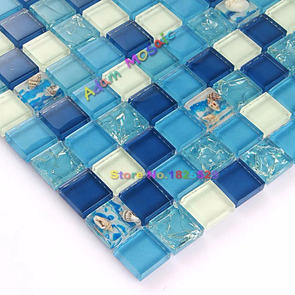 Crystal Mosaic tiles Crackle Glass Tile Blue And White Sea Shell For Bathroom Shower Backsplash Kitchen Subway | Обустройство дома