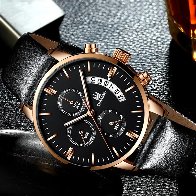 SHAARMS 2020 Military Sport Men Watch PU Leather Band Quartz Wristwatch Male Date Watches Black Clock Relogio Masculino | Наручные часы