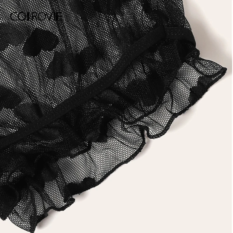 COLROVIE, черный, без бретелек, с узором в виде сердца, с оборкой, прозрачное сексуальное женское белье, набор, женское нижнее белье,, прозрачное нижнее белье, бюстгальтер и трусы