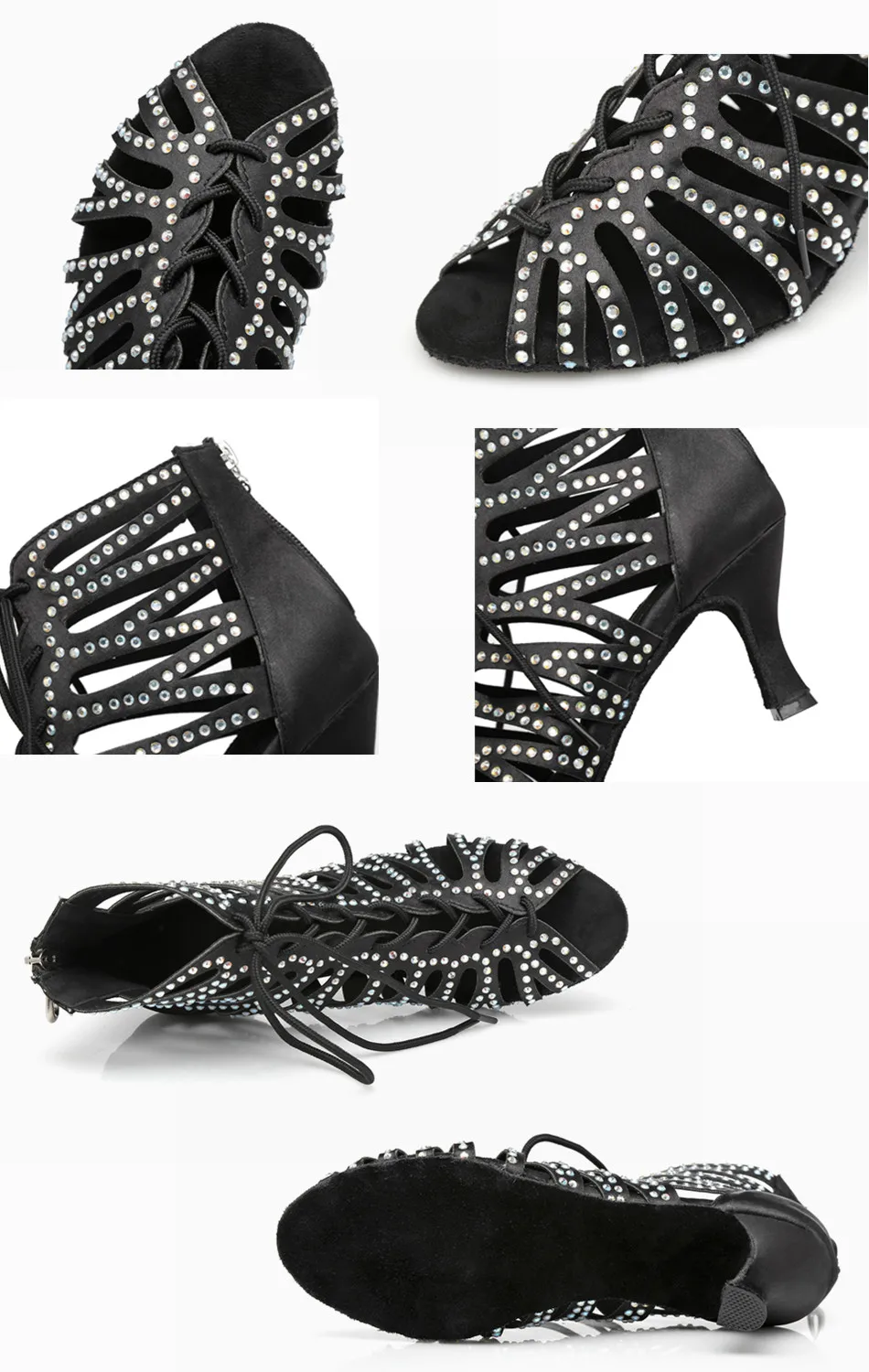 Salsa Dance Boots Black Shining Lace Zipper Opening for Wedding Party Ballroom Social Dancing Glitter Women Sandals Medium 7.5cm