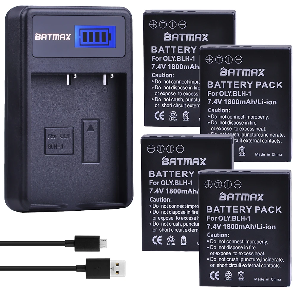 4Pcs 1800mAh BLH-1 BLH1 Battery + LCD  USB Charger for Olympus Digital Cameras EM1 EM1-2 EM1 Mark 2